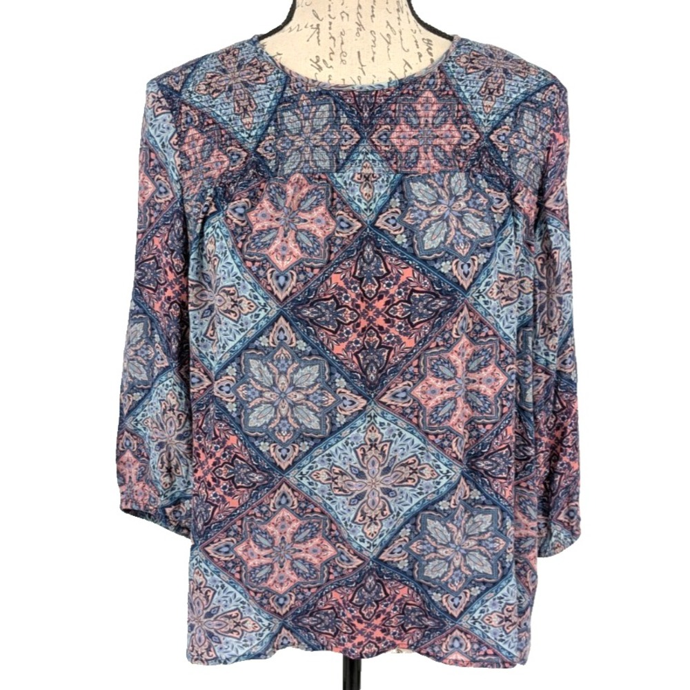 J.JILL Blouse Top Size XS Pastel Pink Blue Paisley Smocked Bohemian Great
